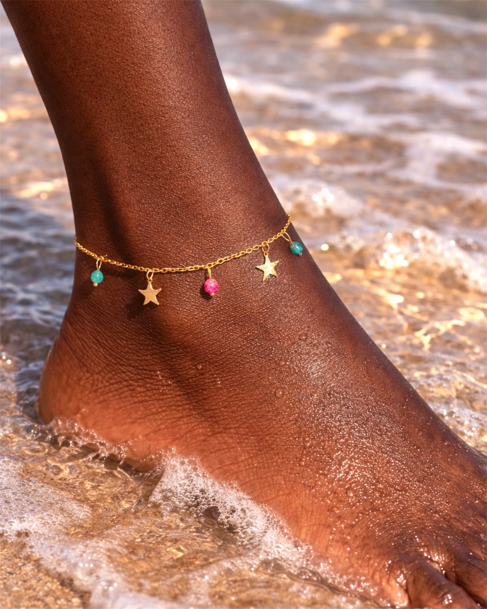 Cheville De Pied Femme – Chaîne Double Argentée Avec étoiles Et Perles