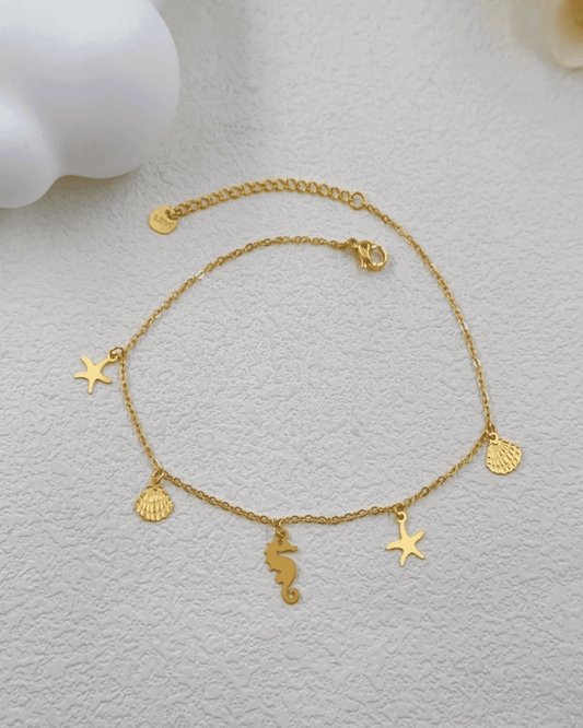 Chaine de Cheville Acier Inoxydable Etoiles de Mer Coquillages et Hippocampe