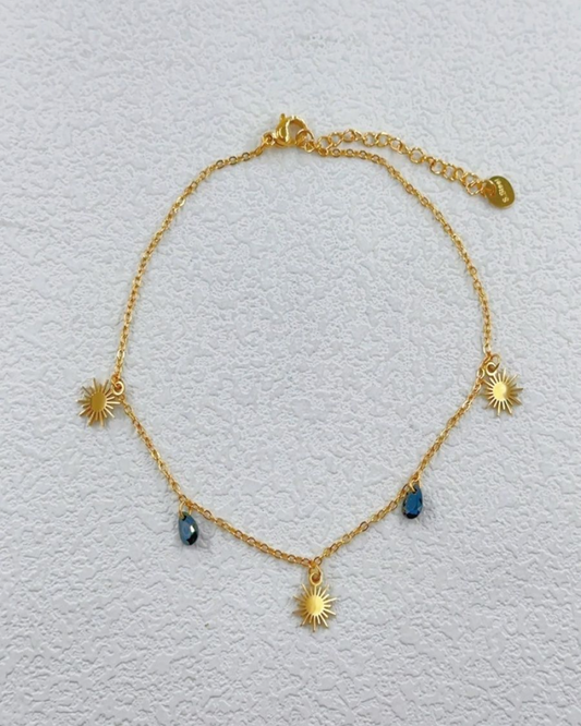 Chaine de Cheville Acier Inoxydable Soleil et Pierre noire