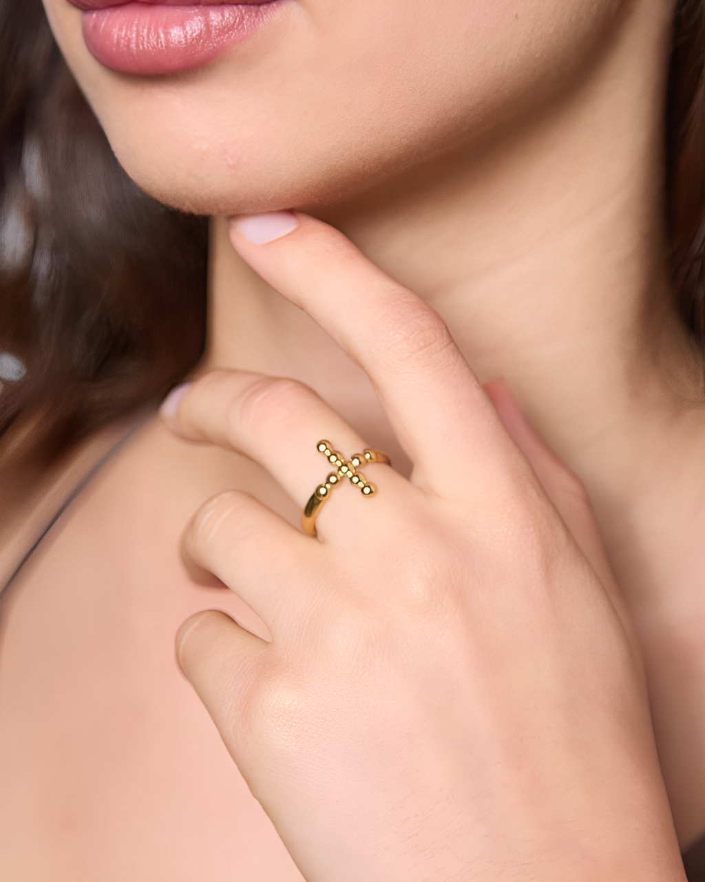 Bague croix ajustable acier inoxydable doré