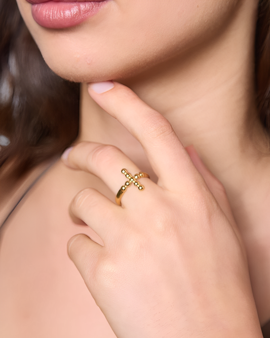 Bague croix ajustable acier inoxydable doré