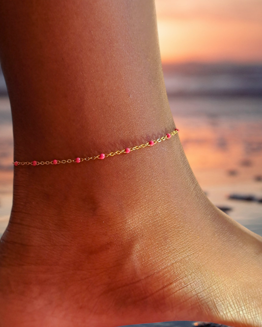 chaine de cheville en acier inoxydable doré et perles epoxy rose