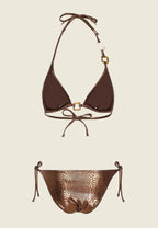Bikini marron effet bronze vu de dos à plat, avec intérieur du haut triangle et liens à nouer.