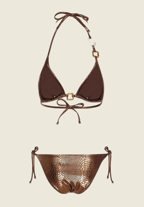 Bikini marron effet bronze vu de dos à plat, avec intérieur du haut triangle et liens à nouer.