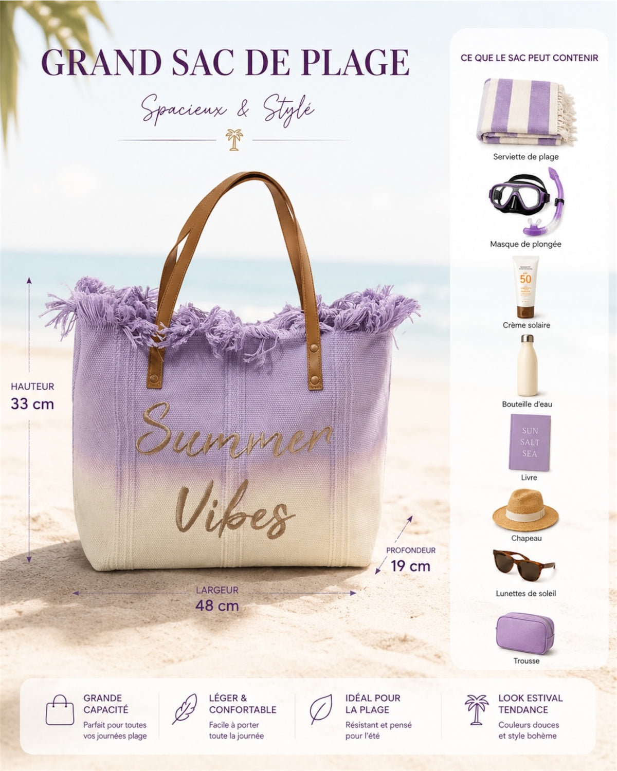 Infographie sac cabas parme Summer Vibes dimensions 48x33x19 cm contenu plage