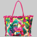Sac cabas femme de plage toucan multicolore avec bordures rose