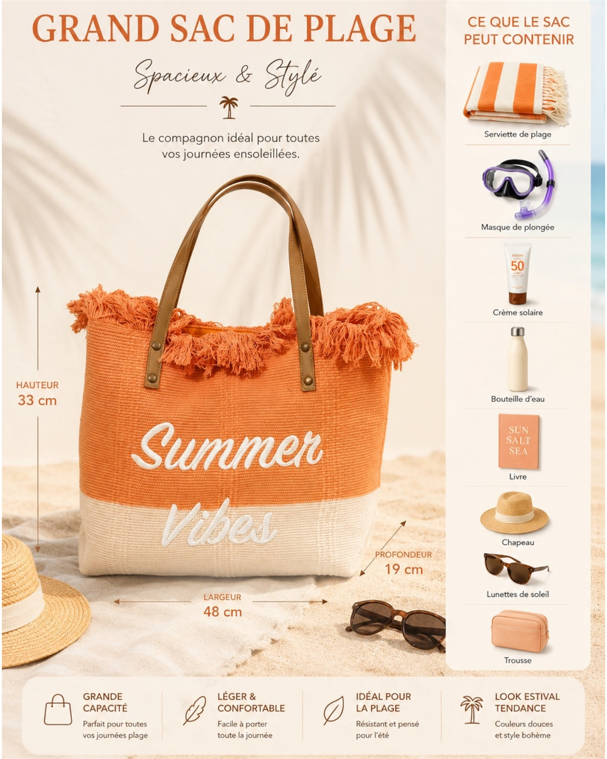 Infographie sac cabas orange Summer Vibes dimensions 48x33x19 cm contenu plage