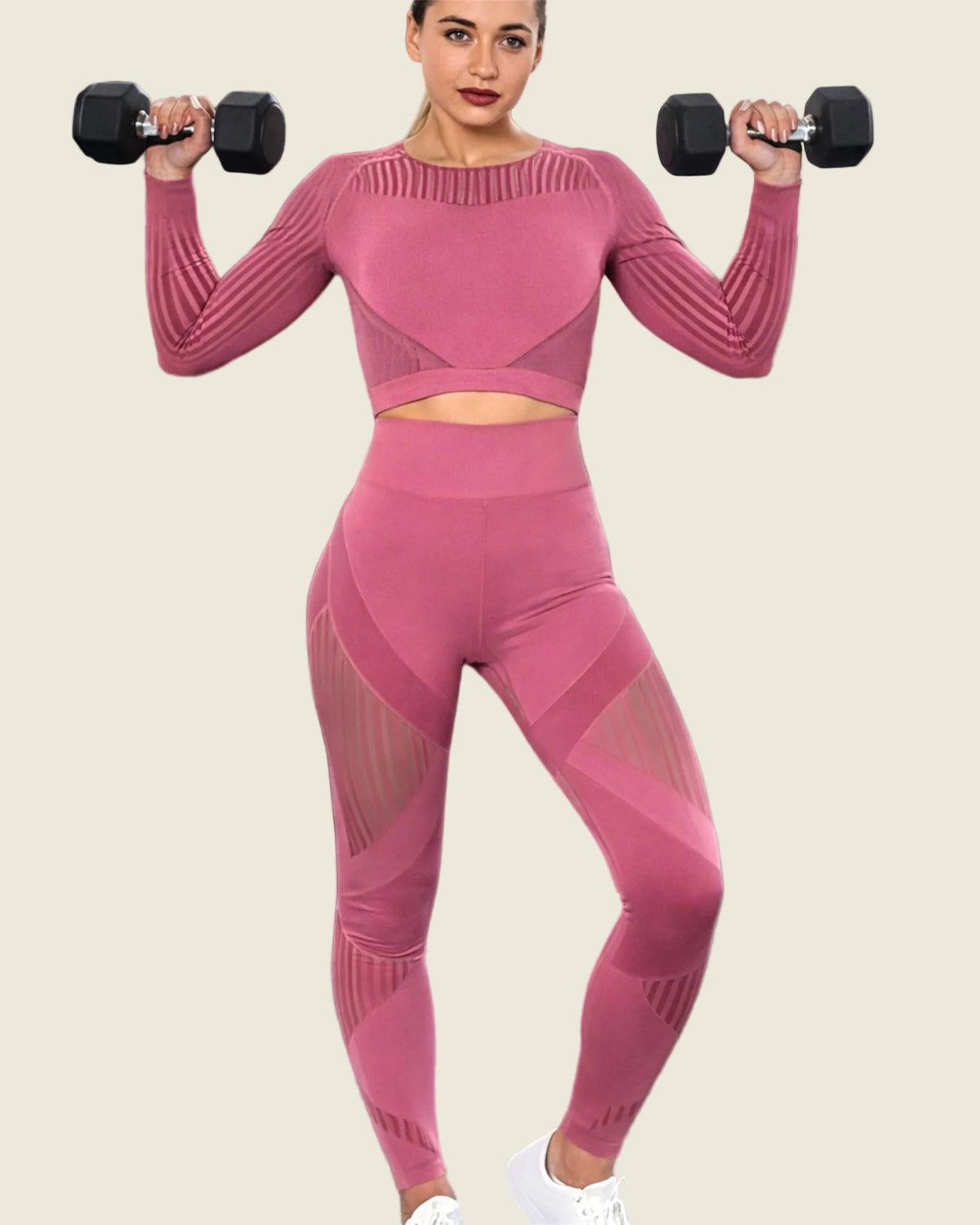 Femme ensemble sport rose haltères gym top crop legging taille haute