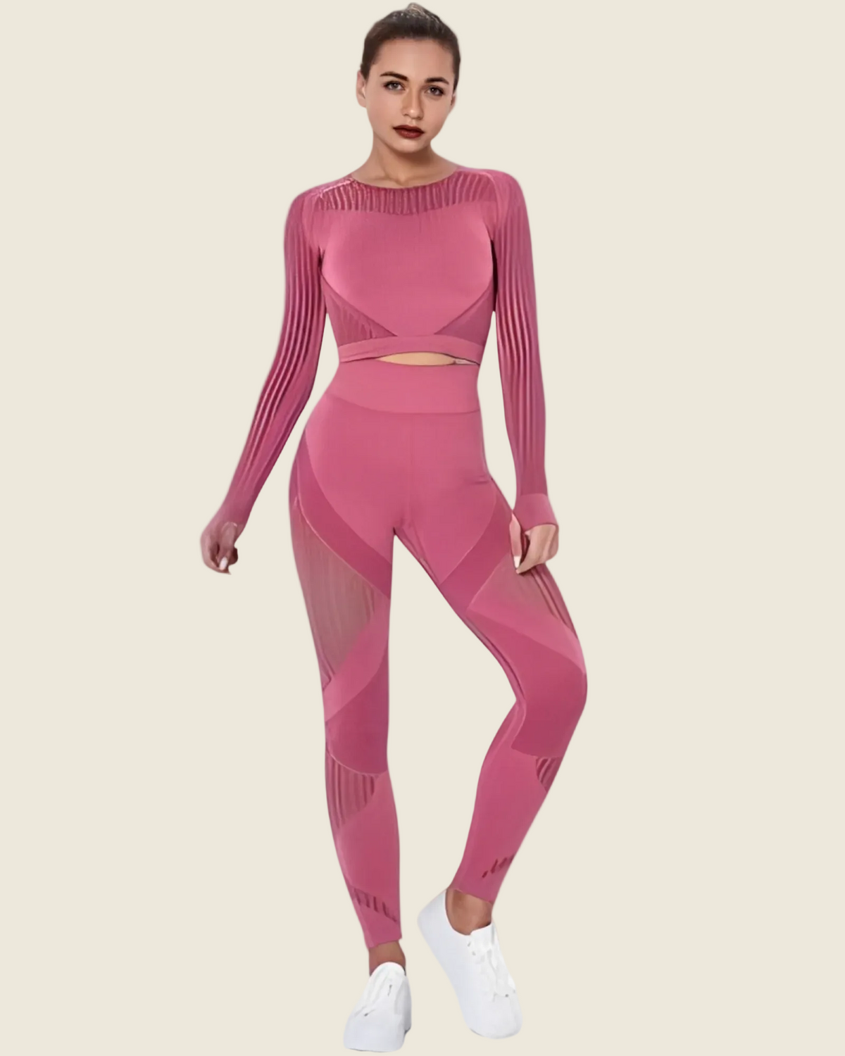 Ensemble sport femme rose top crop manches longues legging taille haute gainant