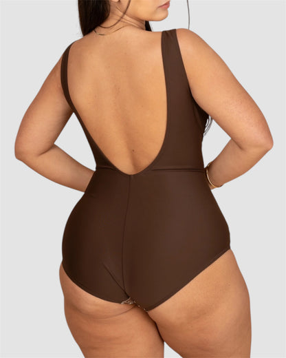 Maillot de bain très grande taille marron uni au dos et motif animal devant