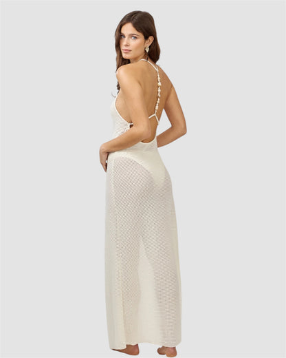 Robe longue de plage beige fendue sur le devant et dos nu avec détails coquillages