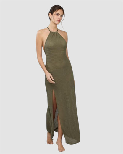 Robe longue de plage vert fendue sur le devant 