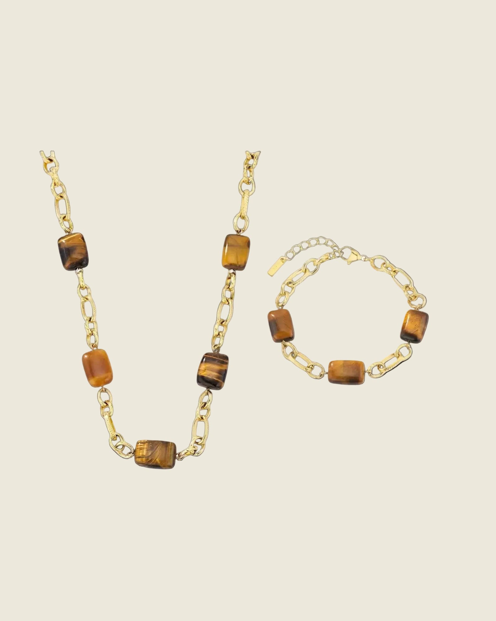 Parure dorée œil de tigre : collier chaîne à maillons avec perles rectangulaires en pierre naturelle marron et bracelet assorti. Cadeau femme
