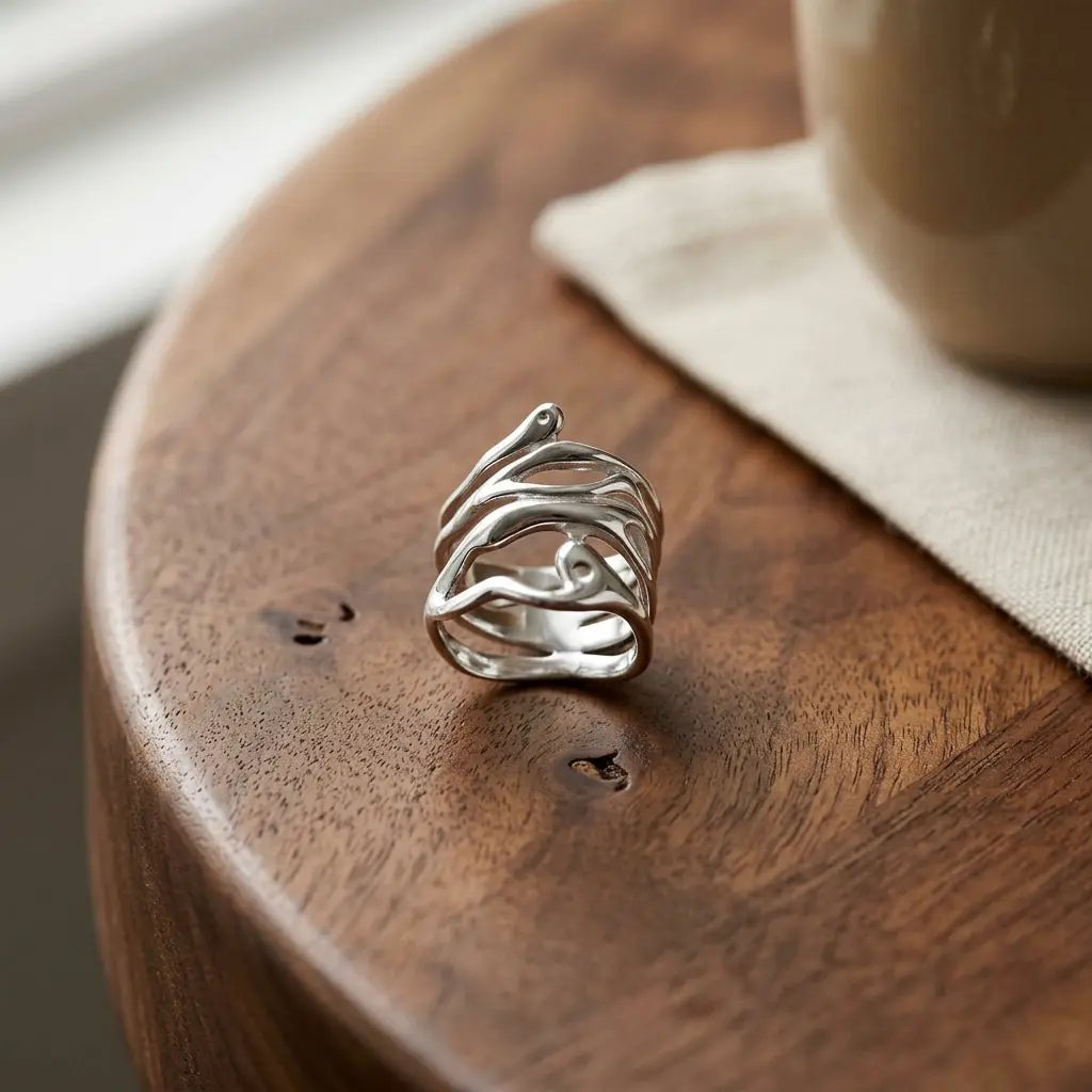 Bague large ajourée en acier inoxydable argenté au design organique, posée sur une table en bois