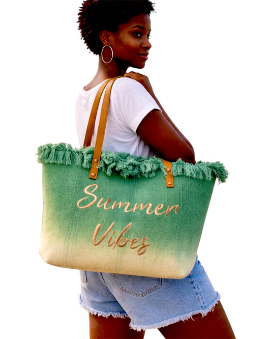 SAC CABAS DE PLAGE SUMMER VIBES - VERT FONCÉ