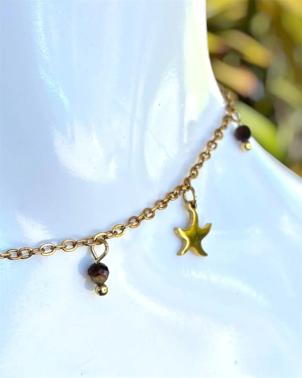 Chaîne de cheville dorée • étoiles de mer & perles colorées