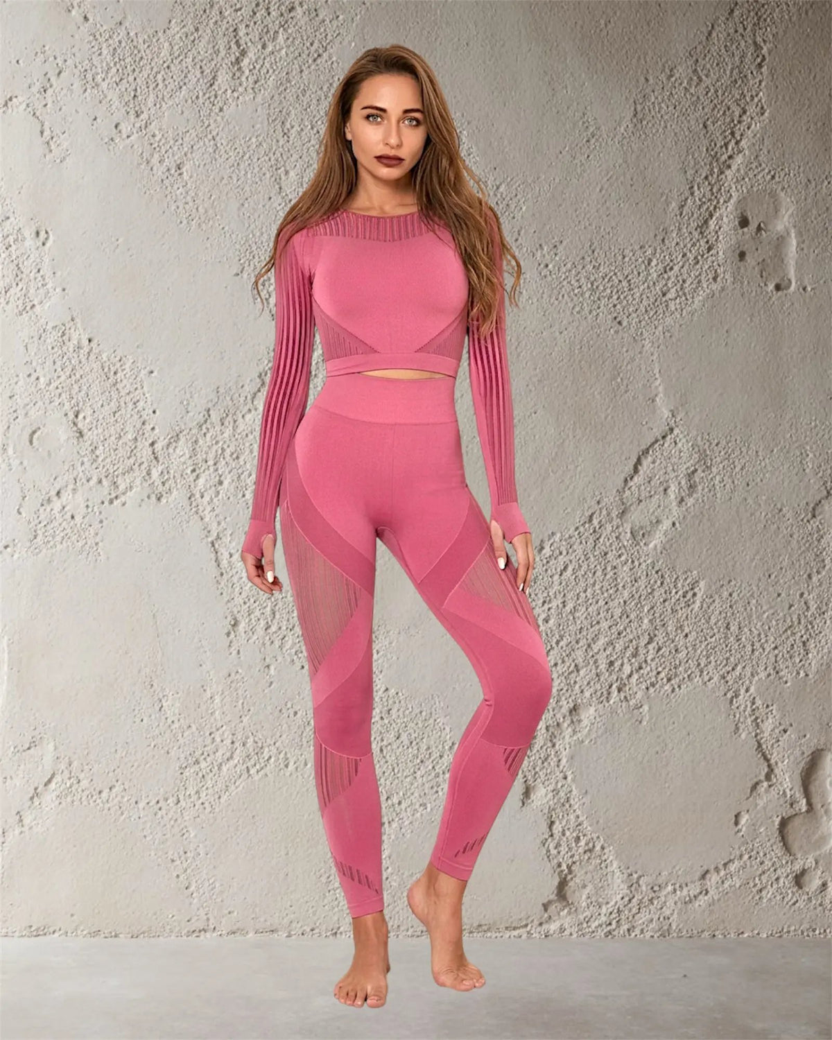 Ensemble de Sport Femme Rose • Legging Taille Haute & Top Manches Longues