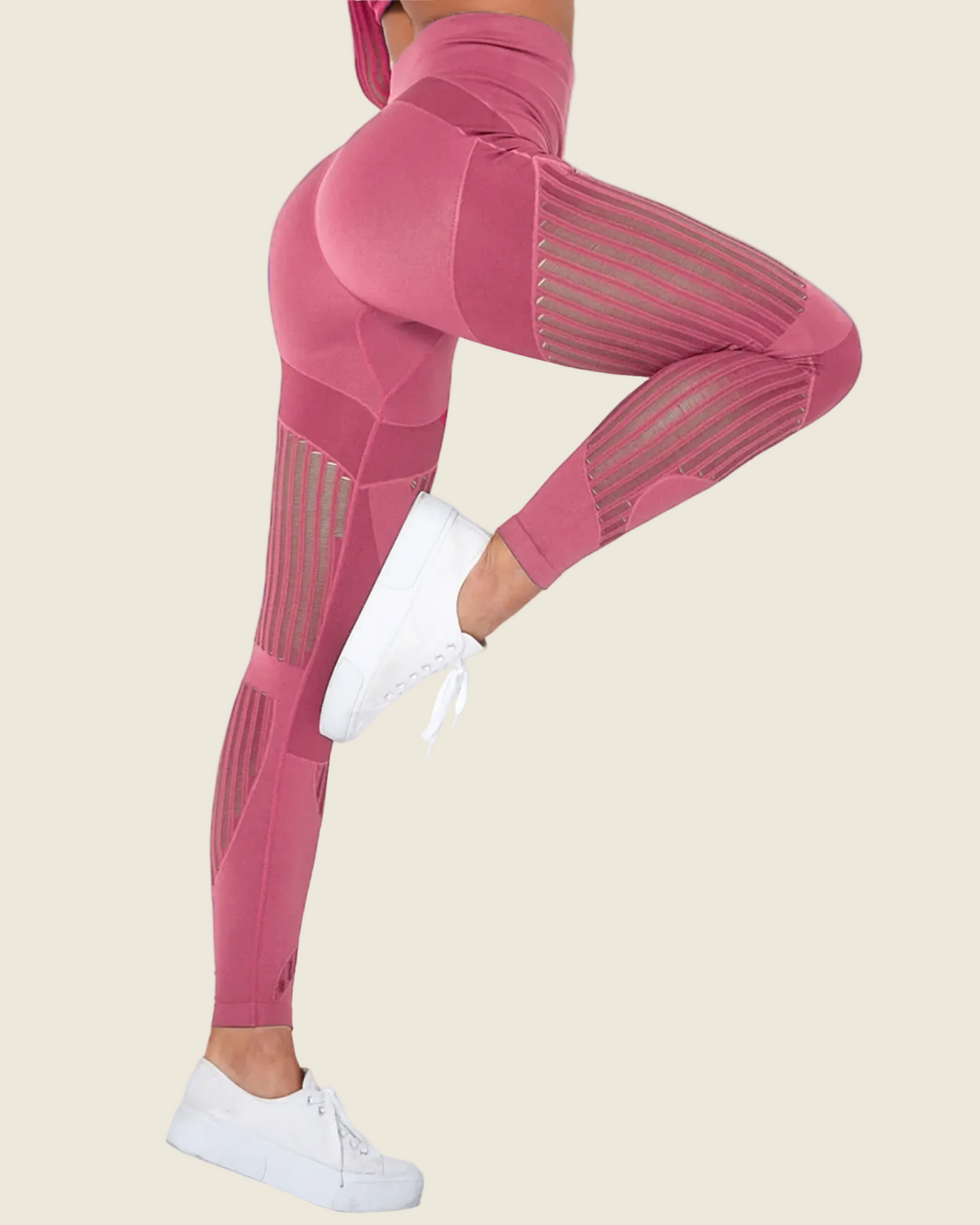 Legging sport rose taille haute gainant détails mesh femme vue de côté