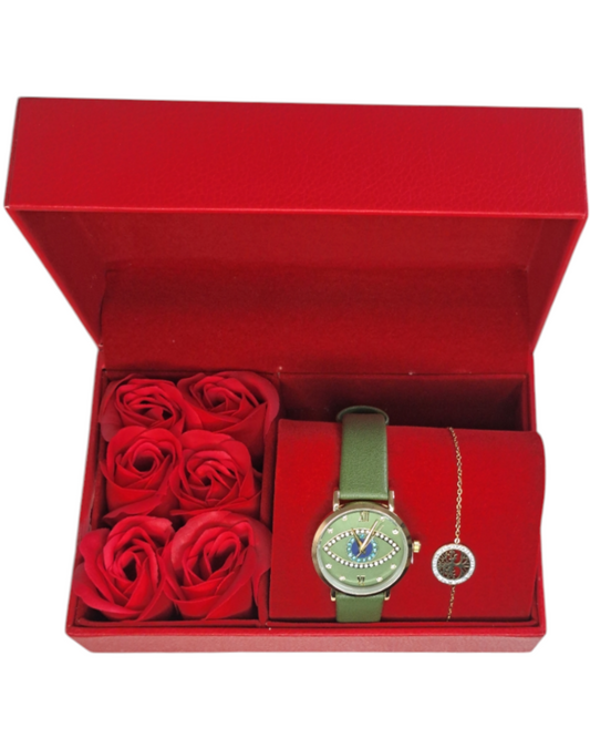 Coffret Cadeau Femme Montre verte et Bracelet