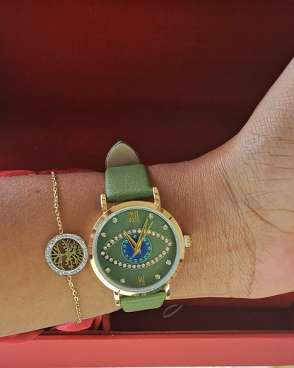 Coffret Cadeau Femme Montre verte et Bracelet