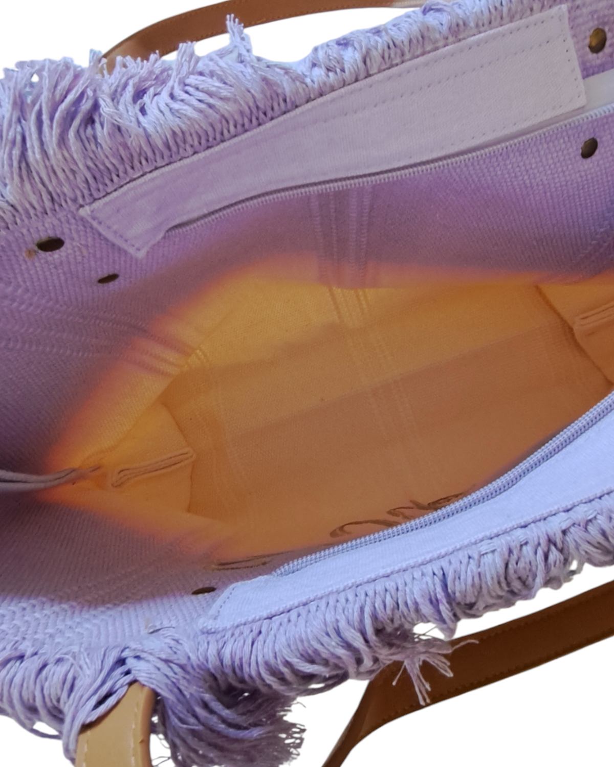 Intérieur sac cabas parme grande capacité poche zippée franges coton