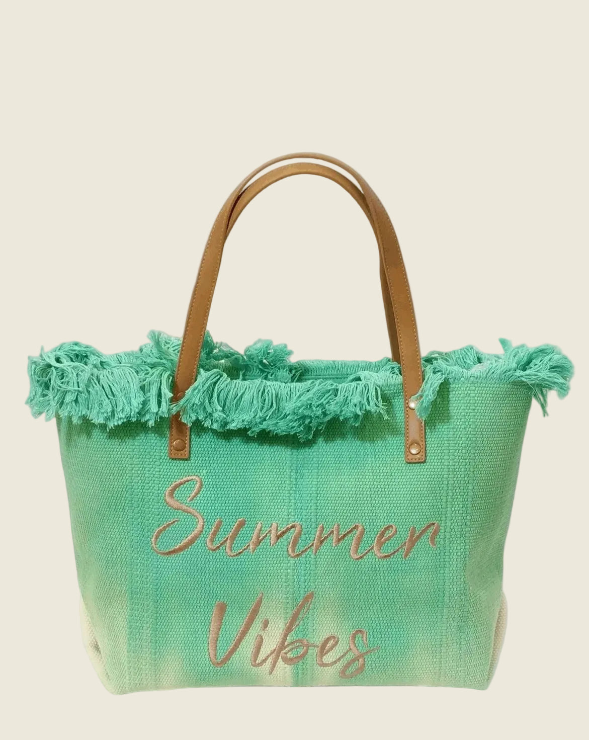 Sac cabas de plage vert menthe dégradé broderie Summer Vibes dorée franges coton • tote bag vacances femme