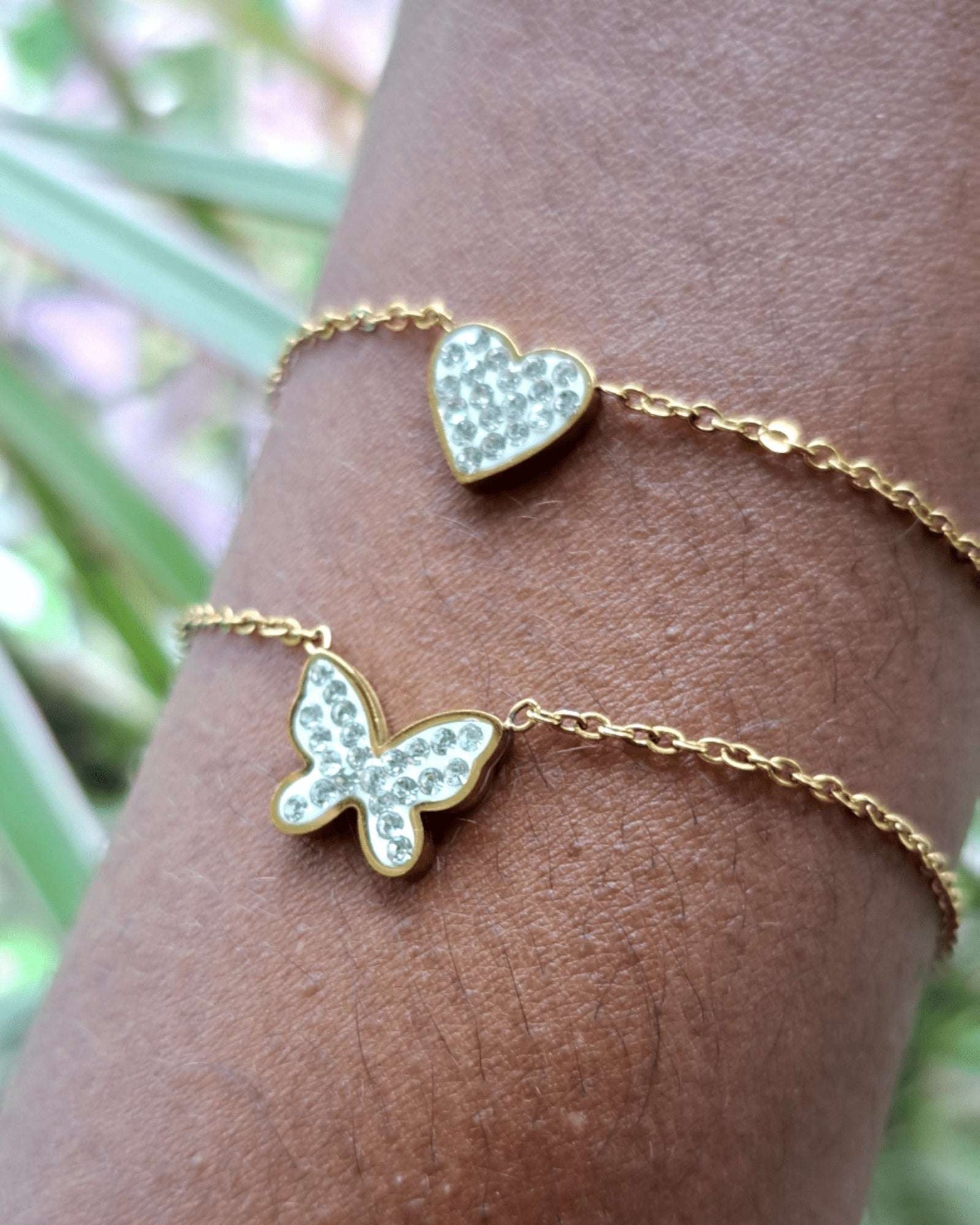 BRACELET DOUBLE CHAINE EN ACIER INOXYDABLE COEUR ET PAPILLON - MY SWIMWEAR'S SHOP