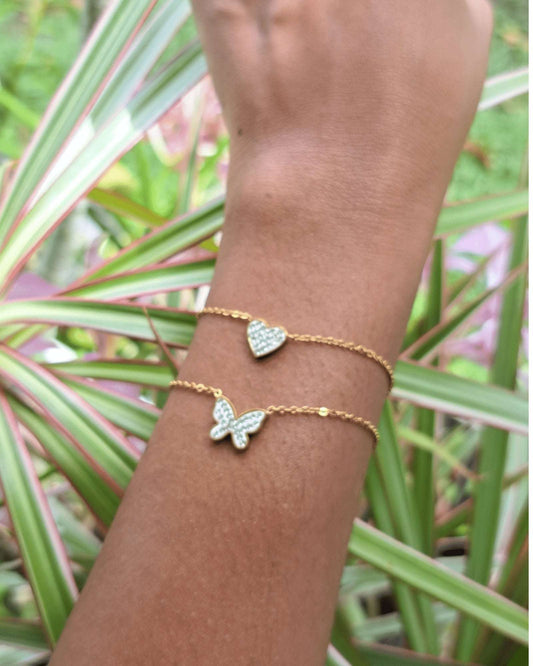 BRACELET DOUBLE CHAINE EN ACIER INOXYDABLE COEUR ET PAPILLON - MY SWIMWEAR'S SHOP