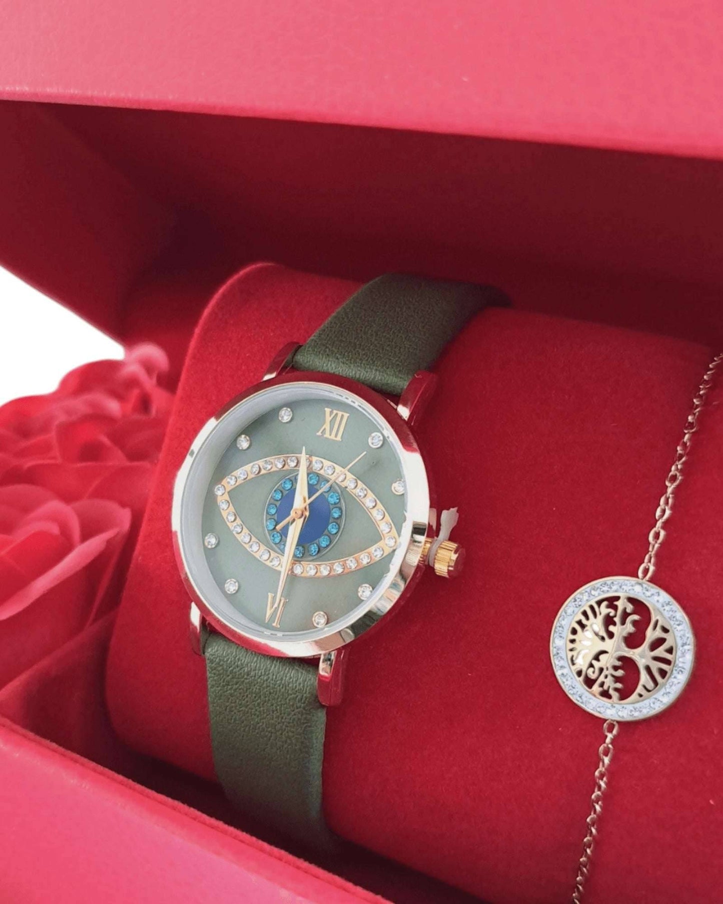 COFFRET CADEAU FEMME : MONTRE VERTE - BRACELET ACIER INOXYDABLE DORÉ - ROSES ROUGES - MY SWIMWEAR'S SHOP