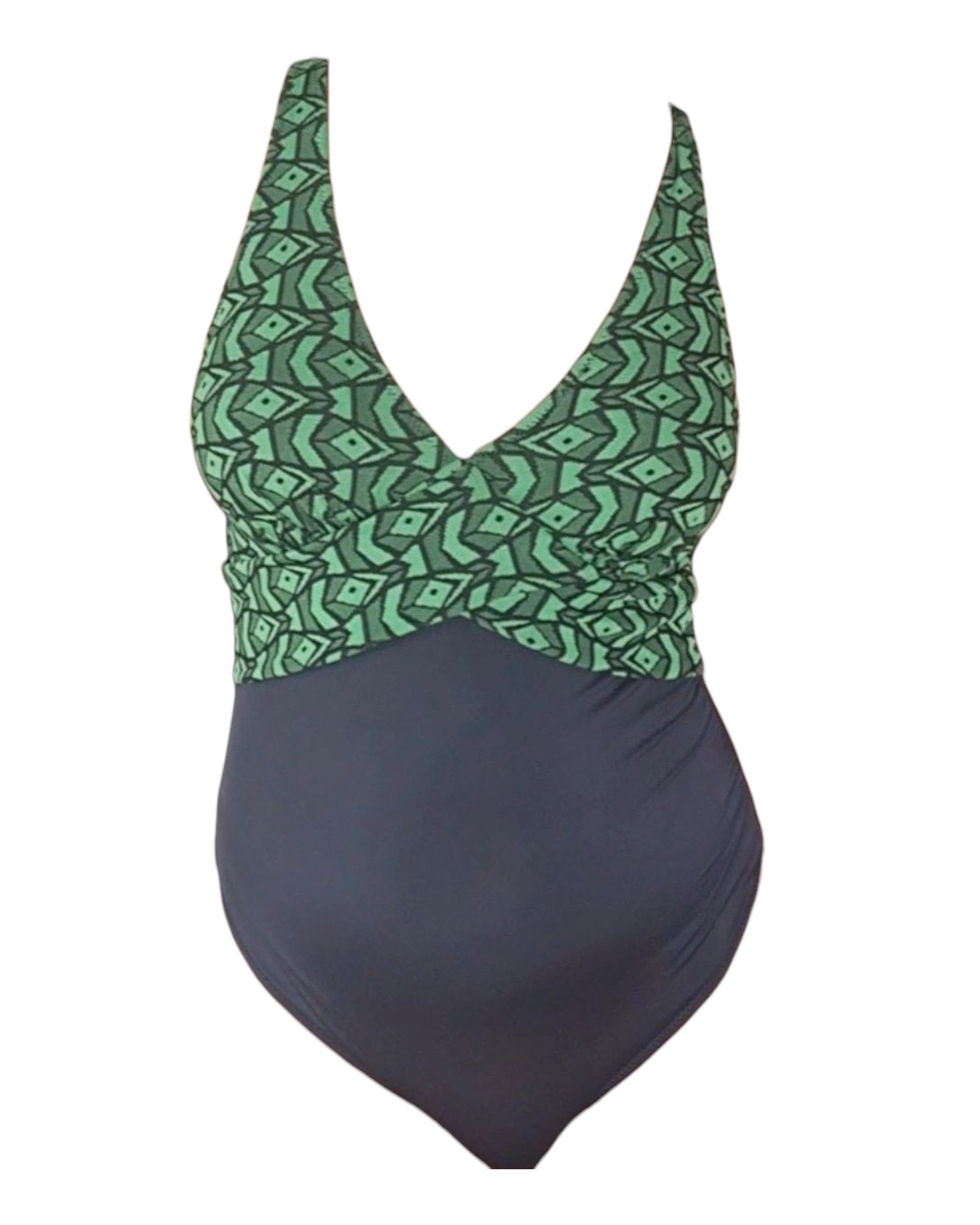 Black one-piece swimsuit with geometric pattern